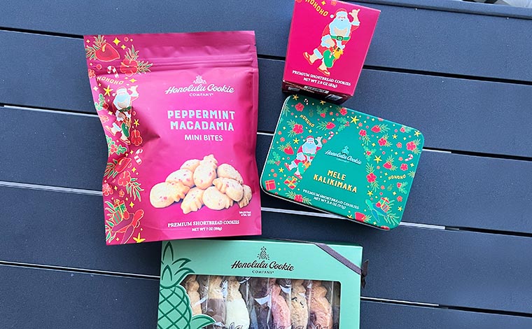 左上 メレ・ペパーミント・マカデミア・ミニバイツ・スナック・パック　右上 メレ・ギフトボックス(S)  右下 メレ・ギフト缶(S)