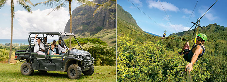 UTVラプターツアー　（大人154.95ドル、子ども（5～12歳）69.95ドル）<br />
ジップライン（大人 184.95ドル、子ども（10～12歳） 134.95 ドル（送迎なし））　<br />
写真提供：クアロア・ランチ・ハワイ<br />

