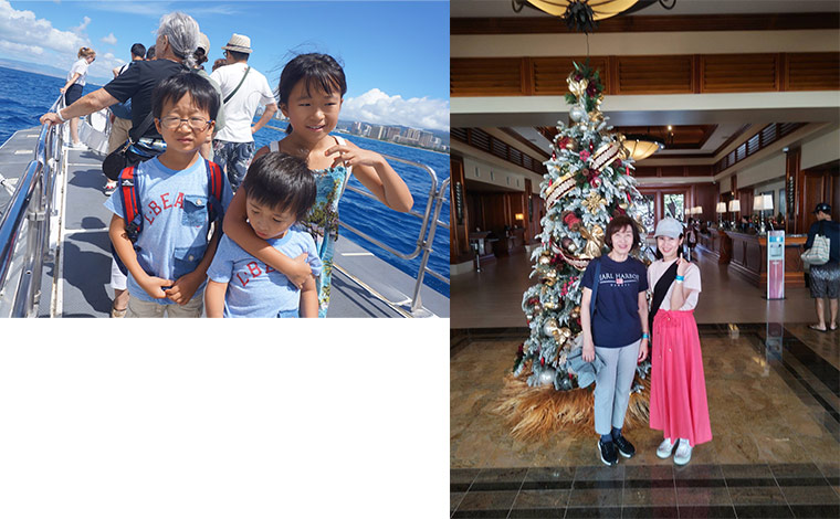 右）クリスマスの装飾が施されたグランドワ イキキアンで、H様とお母様の記念撮影。<br />
左）18年の初滞在では、ご家族皆様で潜水艦のツアーにご参加。マリンアクティビティを楽しまれました。